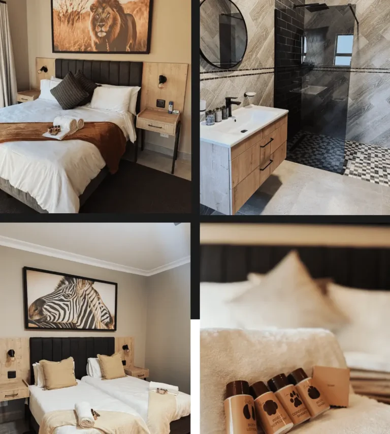 Collage: Doppelzimmer und Badezimmer der Lodge in Limpopo
