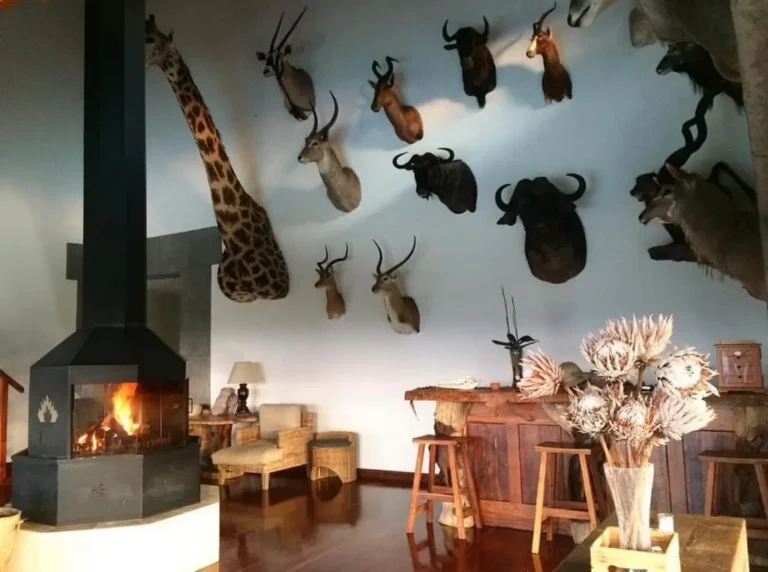 Lodge-Lounge mit Kamin und Jagdtrophäen an der Wand
