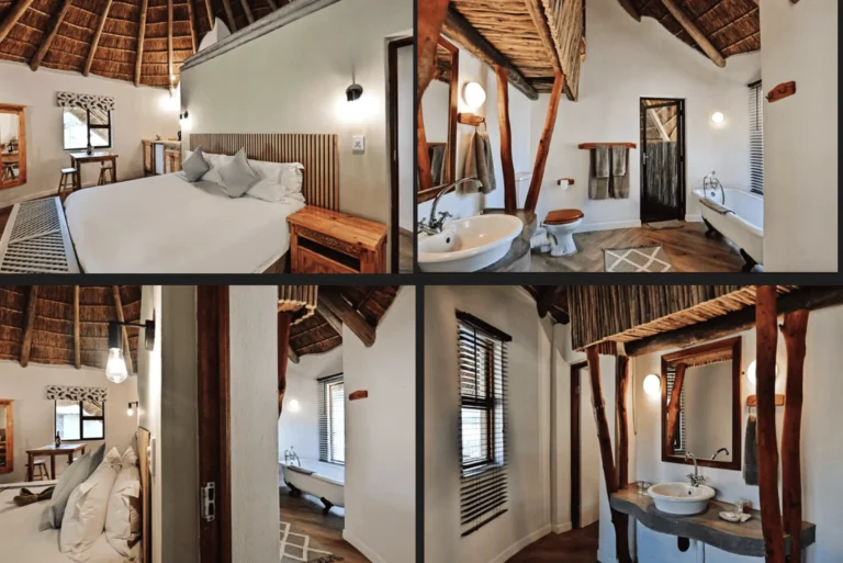 Collage: Schlafzimmer und Bad der Safari-Lodge in Limpopo